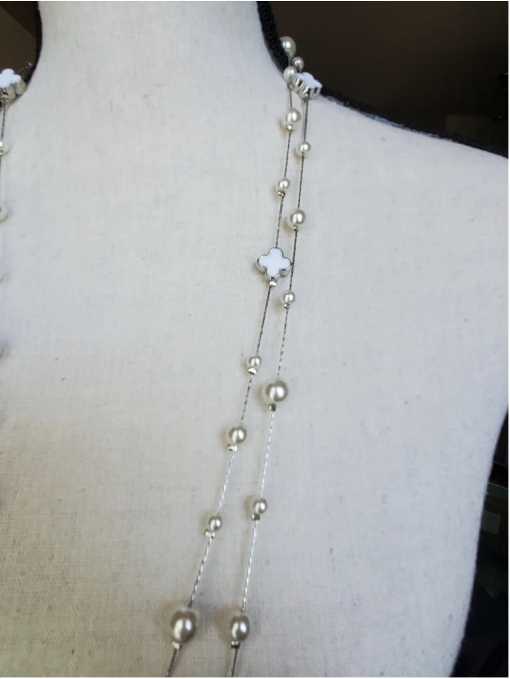 Long White and silver faux Pearl and Clover Necklace,